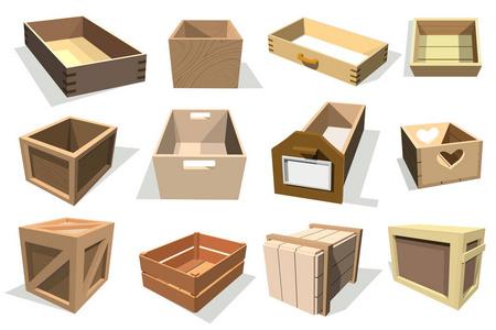 空抽屉盒包装矢量木制空抽屉和包装盒或打包箱与木装箱容器交付或装运